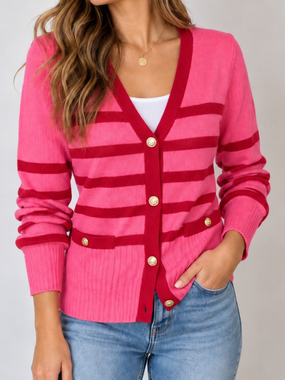 Rachel Zoe Striped Cardigan Pink Red Gold Button Sweater XL